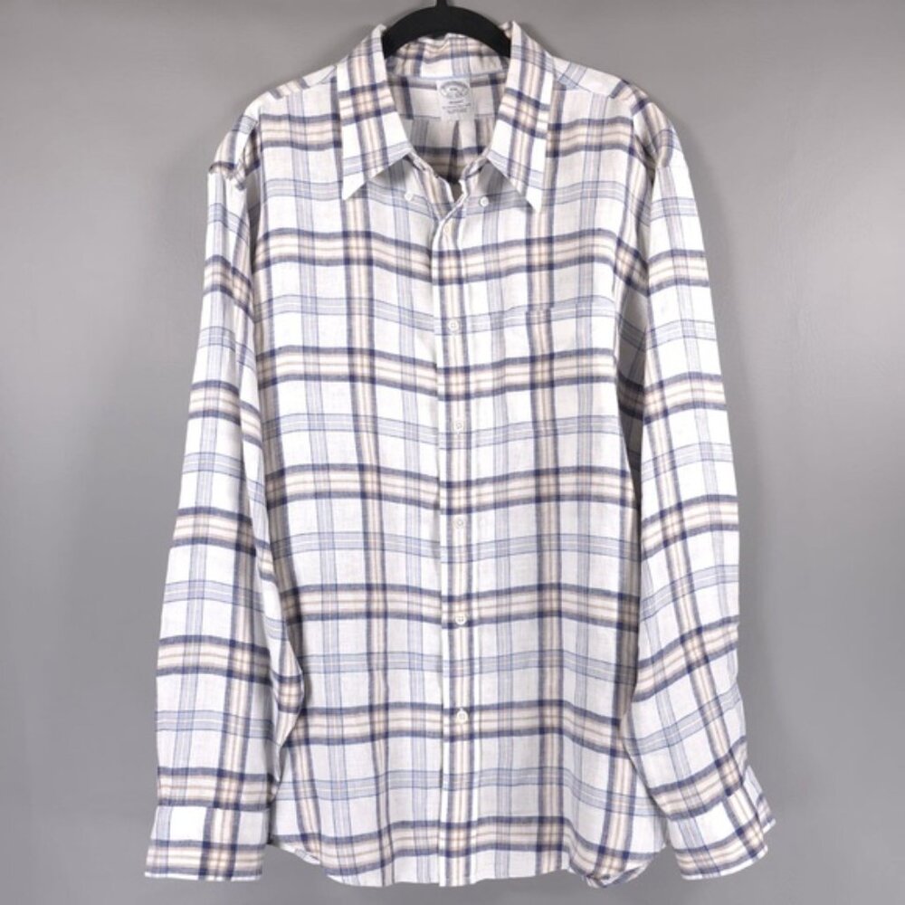BROOKS BROTHERS REGENT 100% LINEN Plaid Long Sleeve Button Down Shirt Size XXL